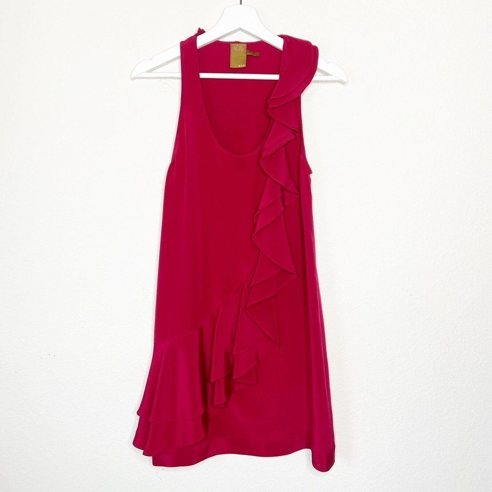 Ali Ro Asymmetric Double Ruffle Magenta Pink Sleeveless Shift Silk Dress 0
